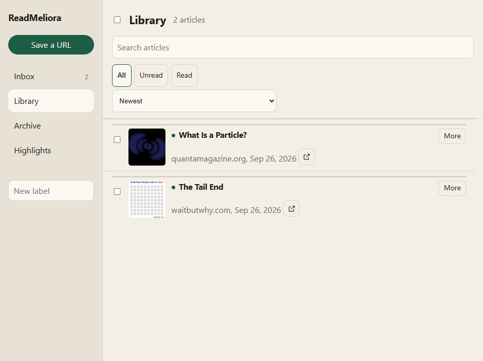 The ReadMeliora library list, showing saved articles ready to open.