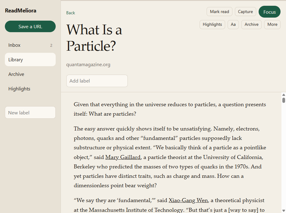 An article open in the ReadMeliora reader, in a clean reading column.